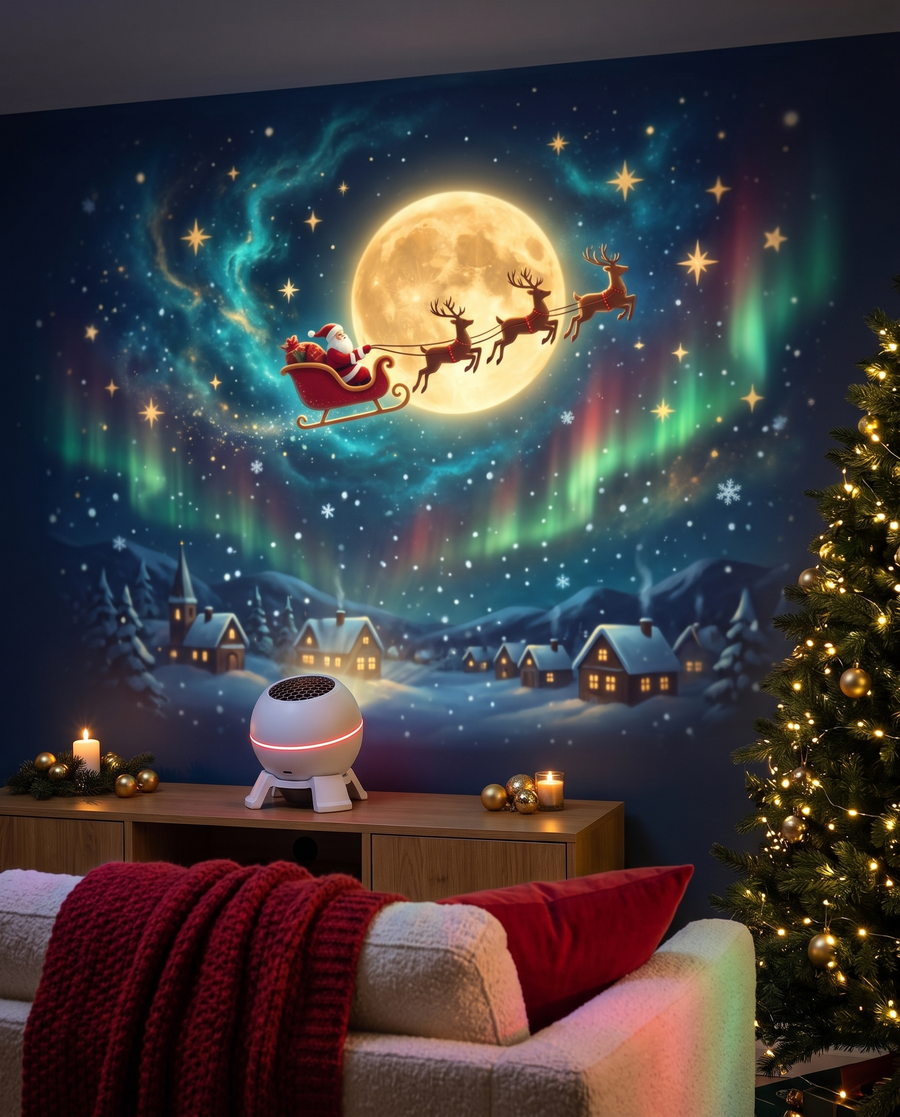 SleighGlow projector casting a Christmas sky with Santa's sleigh across a living room wall