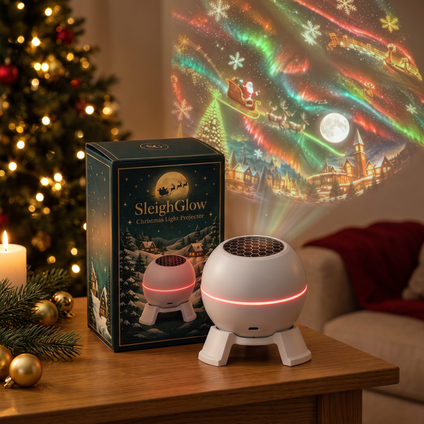 SleighGlow projector next to its gift box, projecting Santa's sleigh on the wall