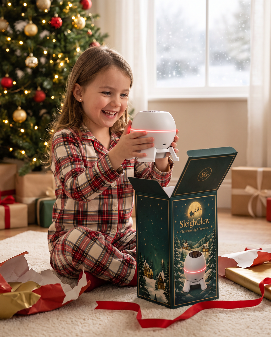 Girl unboxing the SleighGlow projector on Christmas morning